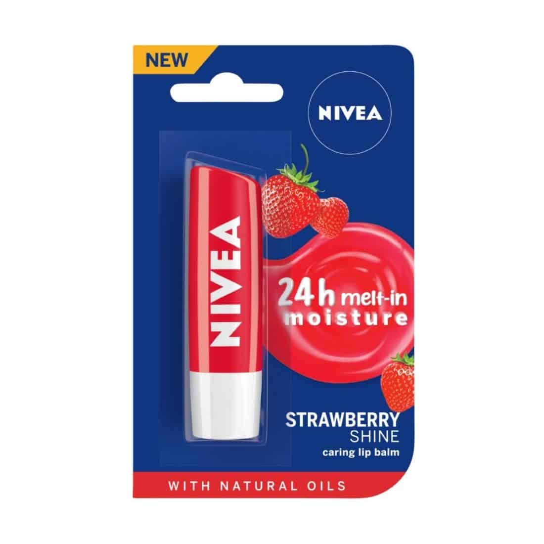 NIVEA Lip Balm, Strawberry Shine, 24h Moisture with Natural Oils, Reddish Shine & Strawberry Aroma, 4.8 g