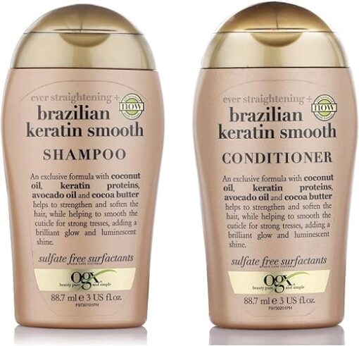 ogx travel ever straightening brazilian keratin smooth shampoo conditioner OGX Travel Ever Straightening Brazilian Keratin Smooth Shampoo + Conditioner | With Coconut Oil, Keratin Proteins, Avocado Oil & Cocoa Butter, For...