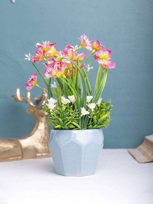 pink rose fake flowers with sky blue pot Pink Rose Fake Flowers With Sky Blue Pot