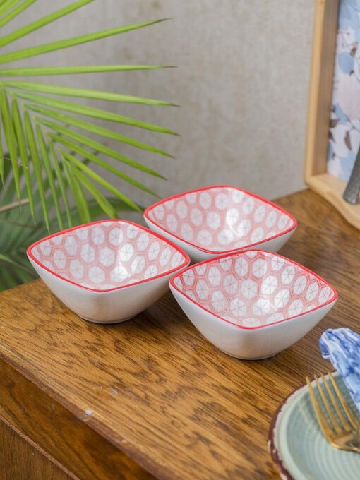 red ceramic dish pack of 3 geometric pattern serveware Red Ceramic Dish, Pack Of 3 - Geometric Pattern Serveware
