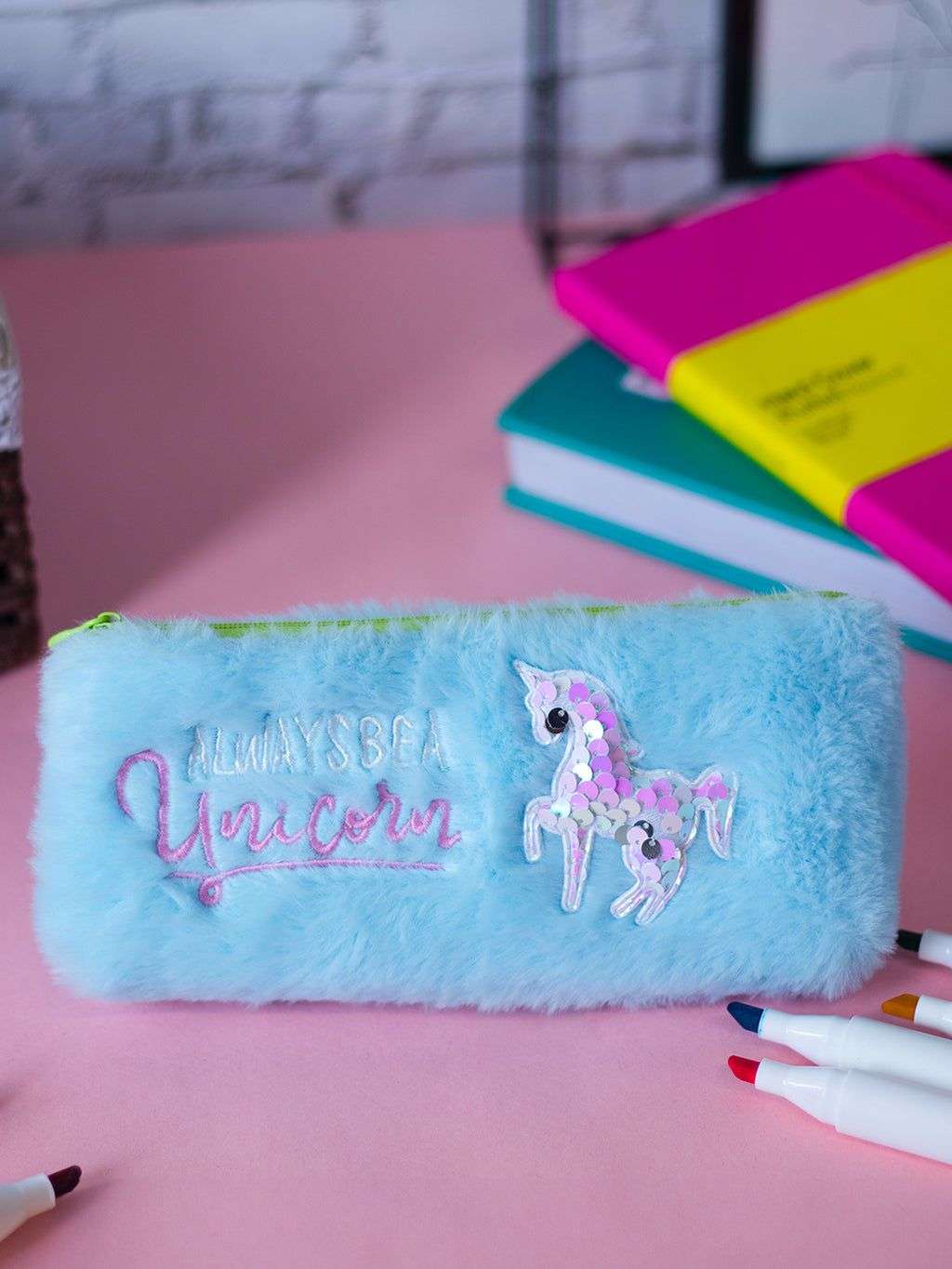 Sky Blue Pencil Pouch Fur BLUEE STORE