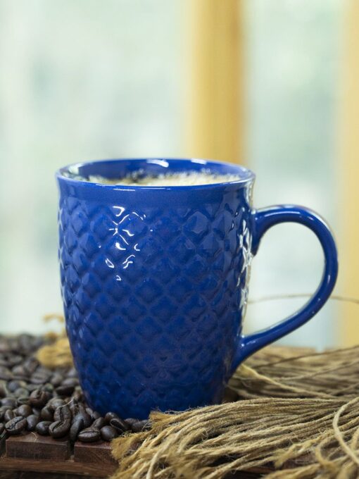 von casa ceramic coffee mug 320 ml blue engrabed VON CASA Ceramic Coffee Mug - 320 Ml, Blue & Engrabed