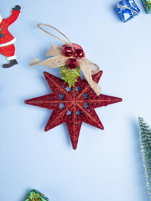 red star with bow christmas hanging ornament star set of 2 pcs Red Star With Bow - Christmas Hanging Ornament - Star Set Of 2 Pcs