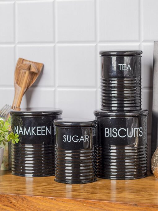 tea sugar jar each 900 ml biscuits namkeen jar each 1700 ml 1 1 Tea & Sugar Jar (Each 900 Ml) + Biscuits & Namkeen Jar (Each 1700 Ml) - Black, Set Of 4